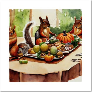 Squirrels Feasting on a Thanksgiving Table Posters and Art